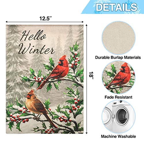 HOSCAPE Winter Cardinal Bird Garden Flag12x18 Inch, Vertical Double Sided Hello Winter Garden Flag, Red Bird Holly Berry Branches Snow Holiday Outside Decorations Burlap Yard Flag Banners