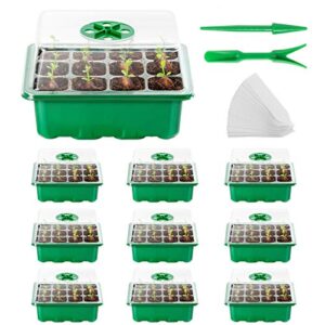 AQUEENLY Seed Starter Tray 10Pack Seed Trays with Humidity Adjustment Domes and Base Growing Trays, Germination Tray Kit with 120Cell Tray for Seedling, Seed Starting, Seed Growing (12Cells per Tray)