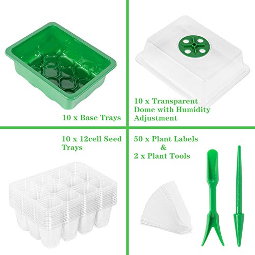 AQUEENLY Seed Starter Tray 10Pack Seed Trays with Humidity Adjustment Domes and Base Growing Trays, Germination Tray Kit with 120Cell Tray for Seedling, Seed Starting, Seed Growing (12Cells per Tray)