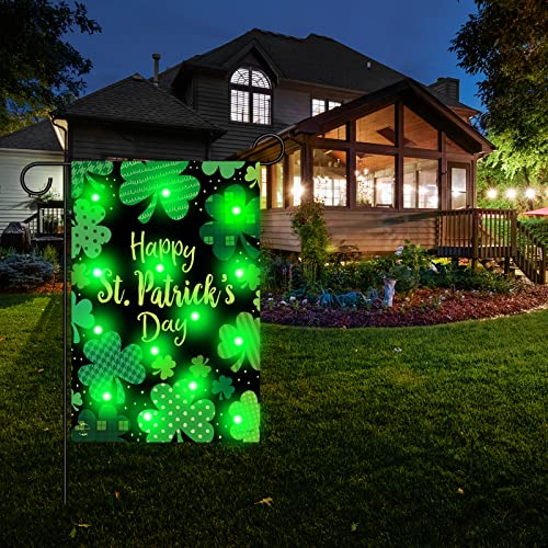 St Patrick's Day Garden Flag with Green Led Lights Good Shamrock Luck Truck Gnome 12 X 18 Inch Double Sided Garden Flag Durable Burlap Shamrock Garden Flag for Lawn Party Outdoor Decorations (Shamrock)