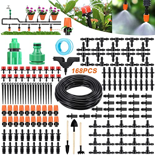 Garden Irrigation System 168 Pcs+50ft/15m Drip Irrigation Kit with Adjustable Nozzles Drippers Distribution Tubing Hose Saving Water Automatic Irrigation Set for Garden Greenhouse Patio Lawn