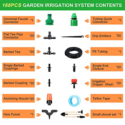 Garden Irrigation System 168 Pcs+50ft/15m Drip Irrigation Kit with Adjustable Nozzles Drippers Distribution Tubing Hose Saving Water Automatic Irrigation Set for Garden Greenhouse Patio Lawn