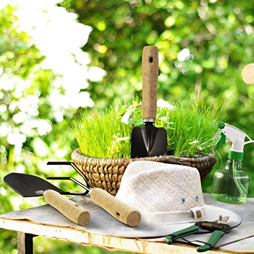 Garden Hand Tool Set with Canvas Tote, Ultimate Gardening Tools Kit, Branch Pruner & Snip, Shovel, Rake, Trowel, Soft Wire Tie and Water Bottle in a Durable Canvas Tote