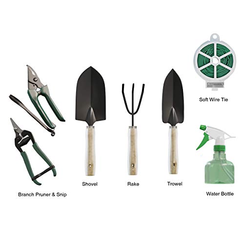 Garden Hand Tool Set with Canvas Tote, Ultimate Gardening Tools Kit, Branch Pruner & Snip, Shovel, Rake, Trowel, Soft Wire Tie and Water Bottle in a Durable Canvas Tote