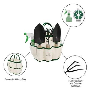 Garden Hand Tool Set with Canvas Tote, Ultimate Gardening Tools Kit, Branch Pruner & Snip, Shovel, Rake, Trowel, Soft Wire Tie and Water Bottle in a Durable Canvas Tote