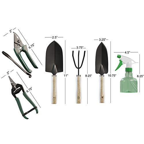 Garden Hand Tool Set with Canvas Tote, Ultimate Gardening Tools Kit, Branch Pruner & Snip, Shovel, Rake, Trowel, Soft Wire Tie and Water Bottle in a Durable Canvas Tote