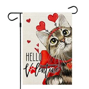 crowned beauty valentines day cat garden flag 12×18 inch small double sided for outside, hello valentine heart yard cf686-12