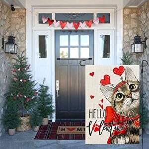 CROWNED BEAUTY Valentines Day Cat Garden Flag 12x18 Inch Small Double Sided for Outside, Hello Valentine Heart Yard CF686-12