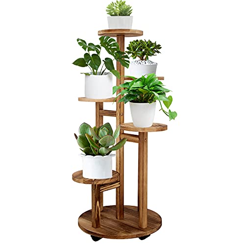GEEBOBO 5 Tiered Tall Plant Stand for Indoor Outdoor, Wood Plant Shelf Corner Display Rack, Multi-tier Planter Pot Holder Flower Stand for Living Room Balcony Garden Patio (Walnut)…