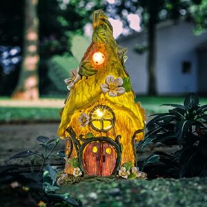 aiiny garden decor for outside,large fairy outdoor statues solar gnome figurine lights,11inch flower resin decorations,green tree house sculptures lawn ornaments for patio yard accessories
