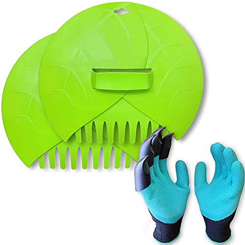 Alsea Hand Leaf Rake Scoops Large Green Plastic Grabber for Picking Up Lawn Debris - Includes Gardening Gloves with ABS Claws