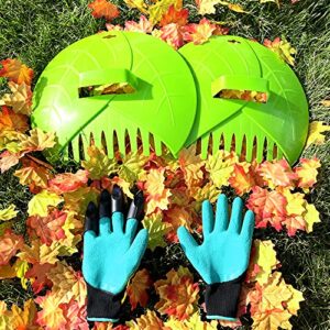 Alsea Hand Leaf Rake Scoops Large Green Plastic Grabber for Picking Up Lawn Debris - Includes Gardening Gloves with ABS Claws