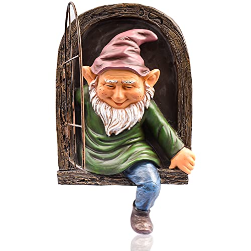 Heevir Elf Out The Door Tree Hugger - 12 Inch Outdoor Garden Ornament Gnome Statue, Garden Peeker Yard Art, Fairy Tree Sculpture Garden Decoration