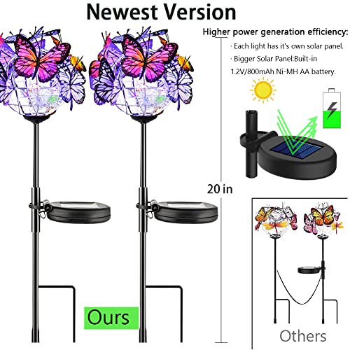 Weepong Outdoor Solar Lights, 2 Pack Solar Garden Stake Lights with 18 Butterflies Decoration Outdoor Lights, Waterproof Solar Butterfly Lights, Bigger Solar Panel for Patio Yard Pathway Garden Decor