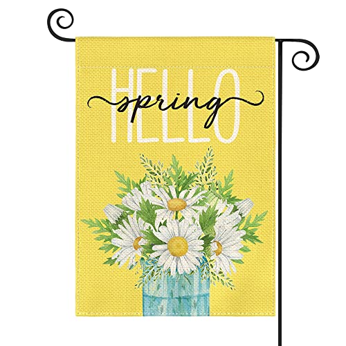 AVOIN colorlife Hello Spring Daisy Garden Flag 12x18 Inch Double Sided Outside, Floral Mason Jar Seasonal Yard Outdoor Flag