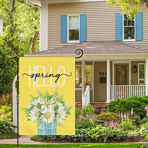 AVOIN colorlife Hello Spring Daisy Garden Flag 12x18 Inch Double Sided Outside, Floral Mason Jar Seasonal Yard Outdoor Flag