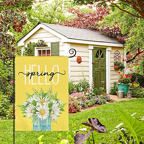 AVOIN colorlife Hello Spring Daisy Garden Flag 12x18 Inch Double Sided Outside, Floral Mason Jar Seasonal Yard Outdoor Flag