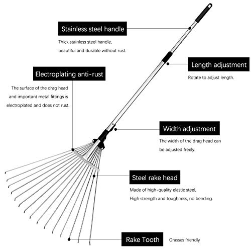 Buyplus Adjustable Garden Leaf Rake - 24 to 63 Inch Telescopic Metal Rake, Expandable Folding Leaves Rake for Lawn Yard, Flowers Beds and Roof