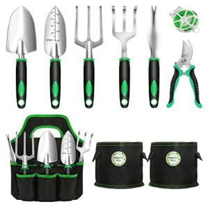 dmimia garden tool set, 10 pieces heavy duty gardening hand tools kit with plant grow bags and tote storage bag, gardening gifts for women and men,no-rust,suitable for indoor and outdoor use