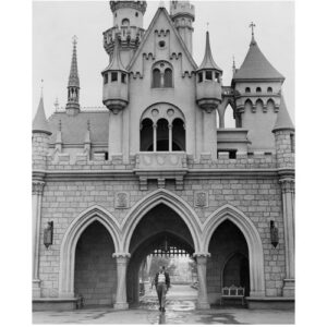 walt disney 8 inch x 10 inch photo in front of castle black & white