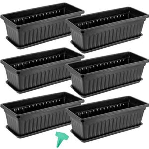 zeonhak 6 pack 17 inches countryside flower box planters, plastic vegetable planters with 30 pcs plant labels, black flower window boxes with attached tray for windowsill, patio, garden, balcony…