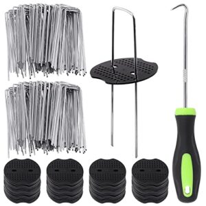 glarks 201pcs garden stakes staples kit, 100pcs 6 inch u-shaped landscape staples, 100pcs fixing gasket with 1pc pick hook for weed barrier fabric, ground cover, holding fence and artificial turf