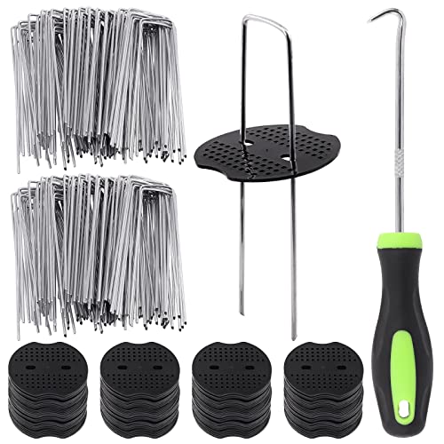 Glarks 201Pcs Garden Stakes Staples Kit, 100Pcs 6 Inch U-Shaped Landscape Staples, 100Pcs Fixing Gasket with 1Pc Pick Hook for Weed Barrier Fabric, Ground Cover, Holding Fence and Artificial Turf