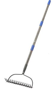 garden rake, 5 ft metal rake for lawns – level head rake with stainless steel handle for loosening soil