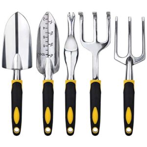 febsnow garden tool set – 5 pieces heavy duty gardening hand tools kit include garden trowel, garden rake, spade shovel, weeder, cultivator for men, women