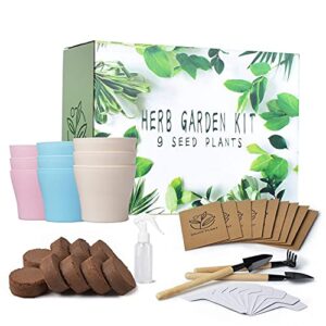 Indoor Herb Garden Starter Kit - 9 Herb Seeds Growing Kit, Organic&Non GMO Home Windowsill Plant Kit with All Gardening Tools, Ideal DIY Gardening Gift for Kids Adults
