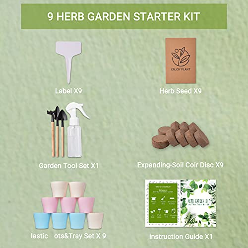 Indoor Herb Garden Starter Kit - 9 Herb Seeds Growing Kit, Organic&Non GMO Home Windowsill Plant Kit with All Gardening Tools, Ideal DIY Gardening Gift for Kids Adults