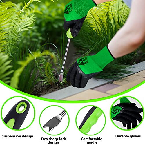 Weed Puller Tool Garden Hand Weeder Tool Hand Weeder Dandelion Weeder Tool with Ergonomic Handle Stainless Steel Weed Puller with Gloves for Garden Weed Removel, Manual Weed Puller Bend