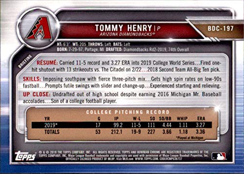 2019 Bowman Chrome Draft #BDC-197 Tommy Henry RC Rookie Arizona Diamondbacks MLB Baseball Trading Card