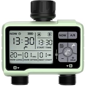 sprinkler timer, soyus programmable water timer outdoor garden hose timer with rain delay/manual/automatic watering system,waterproof digital irrigation timer system for lawns, yard and pool, 2 outlet