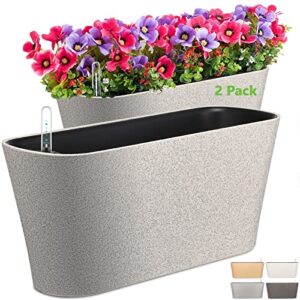 16″ rectangular self watering planters window box 2 pack with water level indicator and auto drain holes for all outdoor/indoor herbs plants flowers pots residential and commercial grade (rocky grey)