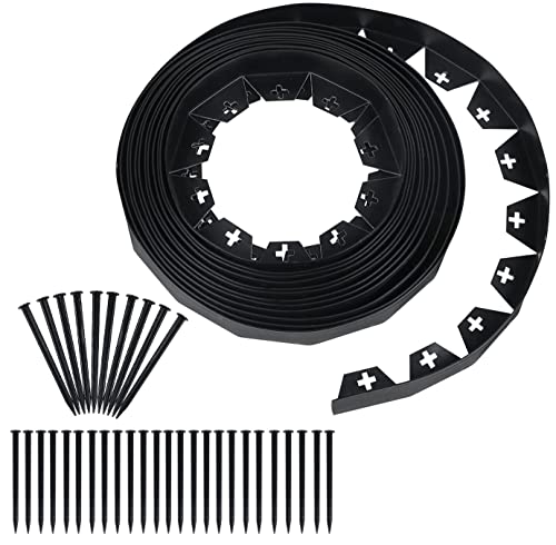 Worth Garden 30 ft. No Dig Landscape Edging (50PCS Spikes Included) Black Plastic Edging Roll Kit - 1.5'' Height Edge for Garden Lawn Border Driveway Path Divider - Easy to Install