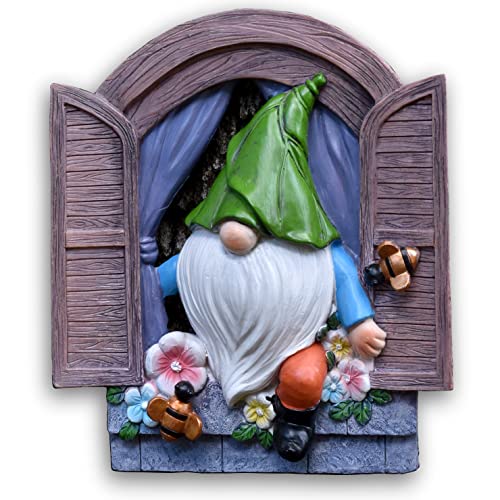 Hazel & Birch Outdoor Garden Gnome Out The Door Tree Hugger - Decoration - Large Statues for Yard, Lawn, Patio, Porch - Hand Painted, Window Gnome Figurine (Out The Door Bumblebee Gnome)