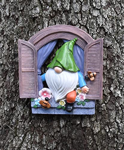 Hazel & Birch Outdoor Garden Gnome Out The Door Tree Hugger - Decoration - Large Statues for Yard, Lawn, Patio, Porch - Hand Painted, Window Gnome Figurine (Out The Door Bumblebee Gnome)