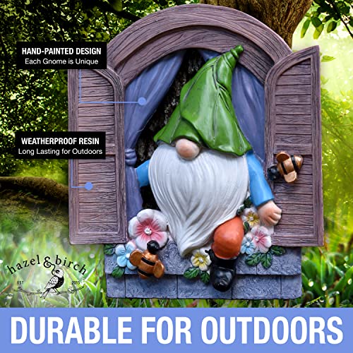 Hazel & Birch Outdoor Garden Gnome Out The Door Tree Hugger - Decoration - Large Statues for Yard, Lawn, Patio, Porch - Hand Painted, Window Gnome Figurine (Out The Door Bumblebee Gnome)