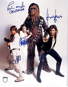 star wars original cast reprint signed autographed photo luke, leia, han + chewbacca