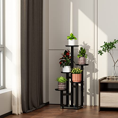 POTEY 5 Tiered Metal Plant Stand Indoor, Tall Plant Shelf Corner Plant Stands for Indoor Plants Multiple, Black Plant Shelf Rack for Outdoor Home Patio Lawn Garden