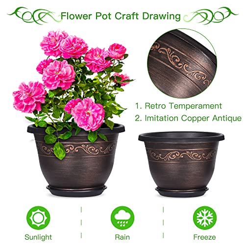 Plastic-Plant-Flower-Planters-10 Inch With Drainage Hole & Saucer, 3 Packs Lightweight Small Resin Flower Pot Indoor Outdoor, Retro Antique Imitation Decorative Garden Containers Sets For Houseplants