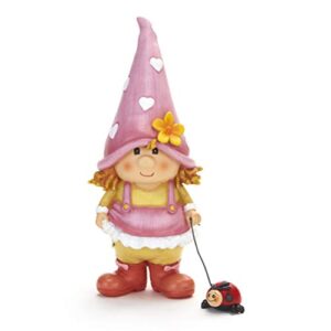 petunia the garden gnome lawn sculpture with ladybug on a leash