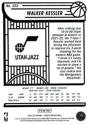 Walker Kessler NBA Hoops Yellow Parallel Rookie Card Collectible Basketball Card - 2022 Panini Hoops Basketball Card #252 (Jazz) Free Shipping