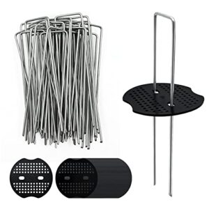 40 pack 6 inch landscape staples & 40pcs fixing gasket sets, garden stakes galvanized steel fabric pins heavy-duty u shape sod turf pins for ground weed fabric barrier, orchard, yard, tents
