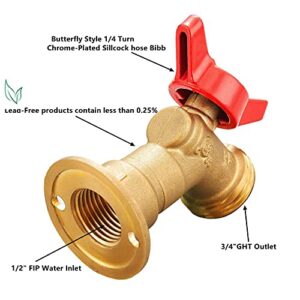 Pronese Lead-Free Soild Brass,Quarter Turn Sillcock Hose Bibb Outdoor Faucet with Flange, Wall Mount Faucet 3/4" GHT ×1/2" FIP Water Inlet,145 Degree Elbow Stop Valve Adapter & Boiler