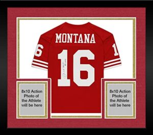 framed joe montana san francisco 49ers autographed mitchell & ness red authentic jersey with “hof 00” inscription – autographed nfl jerseys