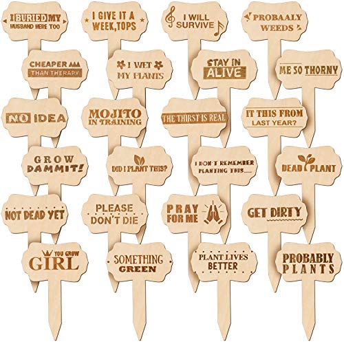 24 Pieces Funny Plant Markers Wooden Plants Labels T-Type Garden Labels Wooden Plant Markers for Vegetable Flowers Garden Potted Plants