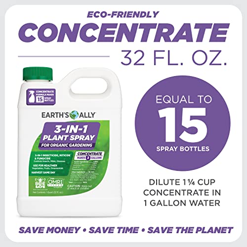 Earth's Ally 3-in-1 Plant Spray Concentrate | Insecticide, Fungicide & Spider Mite Control, for Indoor Houseplants & Outdoor Plants & Gardens - Insect, Pest & Antifungal Treatment, 32oz Concentrate