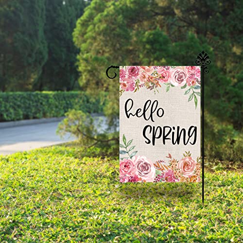 Hello Spring Garden Flag Peony Flowers Burlap Floral in The Air Flags Vertical Double Sided Farm Yard Outdoor Decoration Seasonal Home Décor 12.5 x 18 Inch